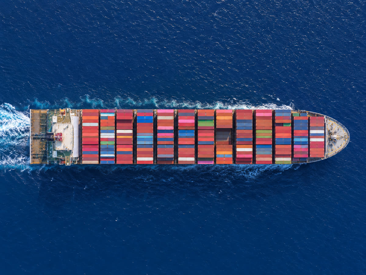 Container ship from directly above at sea